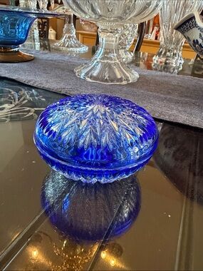 Vintage cut to clear crystal Cobalt Blue  Decorative Trinket Box, bowl with lid